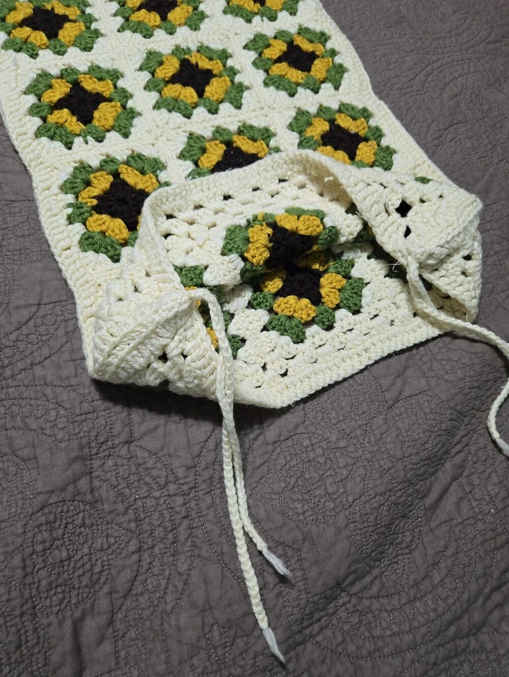 Vintage Granny Square Crochet Pillow Cover, floral sunflower, cover only